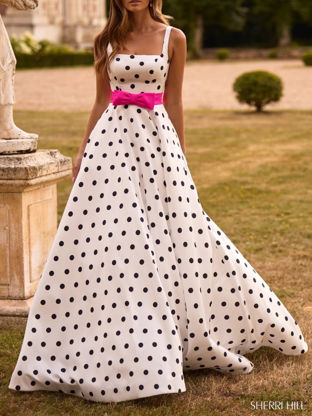 Polka Dot White & Black Ball Gown with Fuchsia Belt - Picture 2 of 6